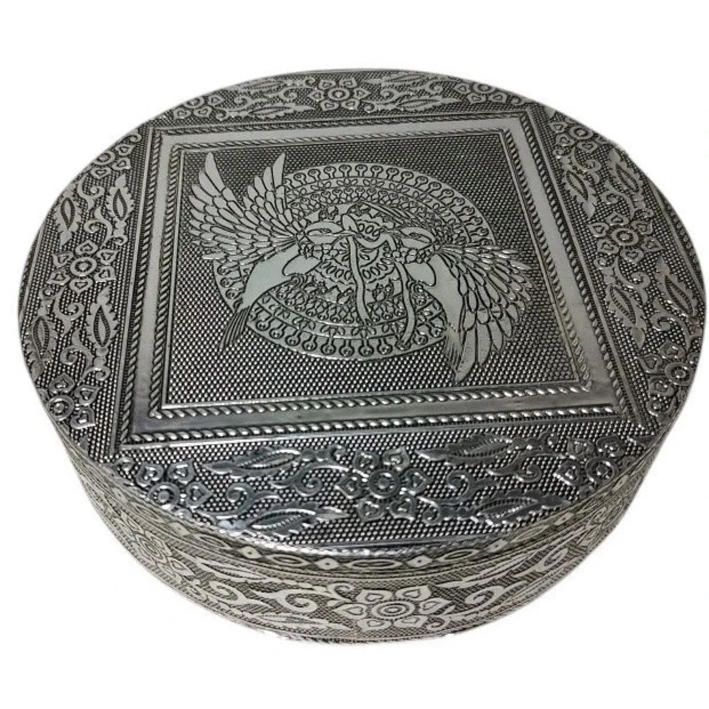 New Handcrafted Jewelry Trinket Box Embossed Birds Aluminum and Red Velvet India